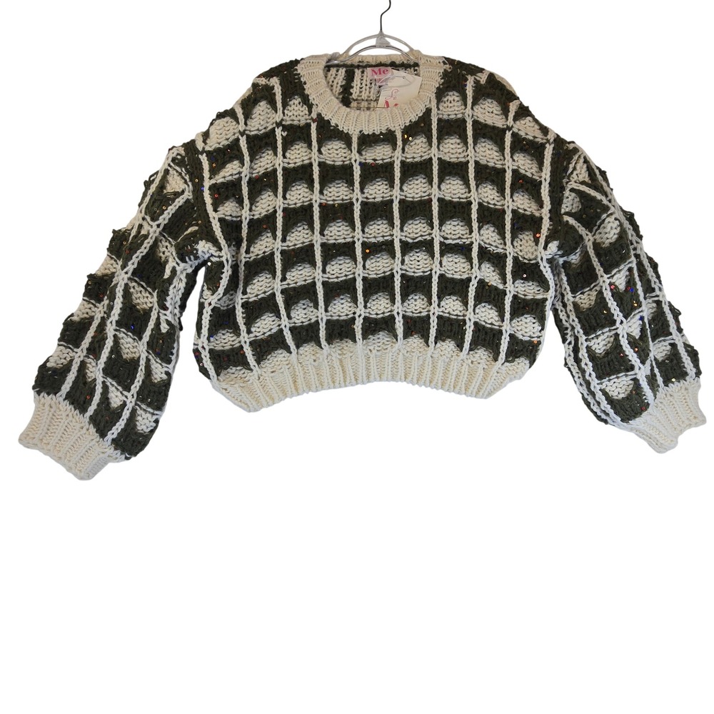 Festive Sequin Sparkle Chunky Knit Sweater Women L Holiday Cropped Boho Neutral